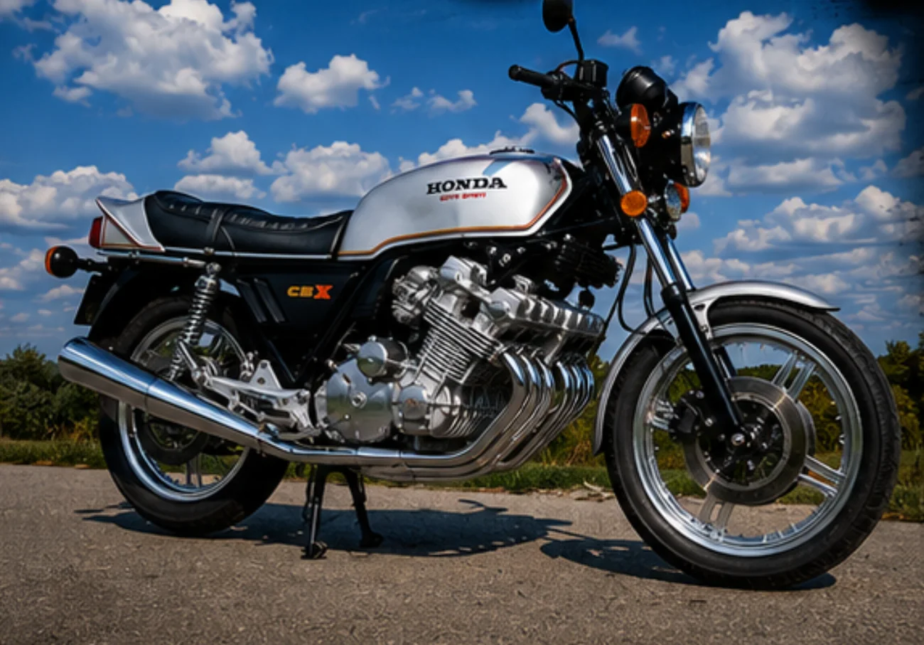 Stříbrná Honda CBX 1000 na silnici pod modrou oblohou, motiv z plakátu rally
